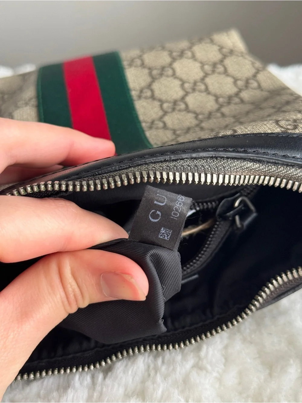 Gucci small Beige GG Canvas Messenger Bag with Green & Red Stripe